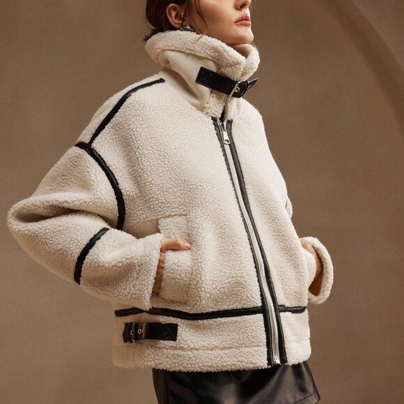 Beige Casual Women's Fleece Thick Faux Leather Patchwork Loose Short Jacket - Picture 4 of 10